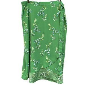 LOFT 14 Green Floral Print Wrap Midi Skirt Satin Drape Lightweight Spring